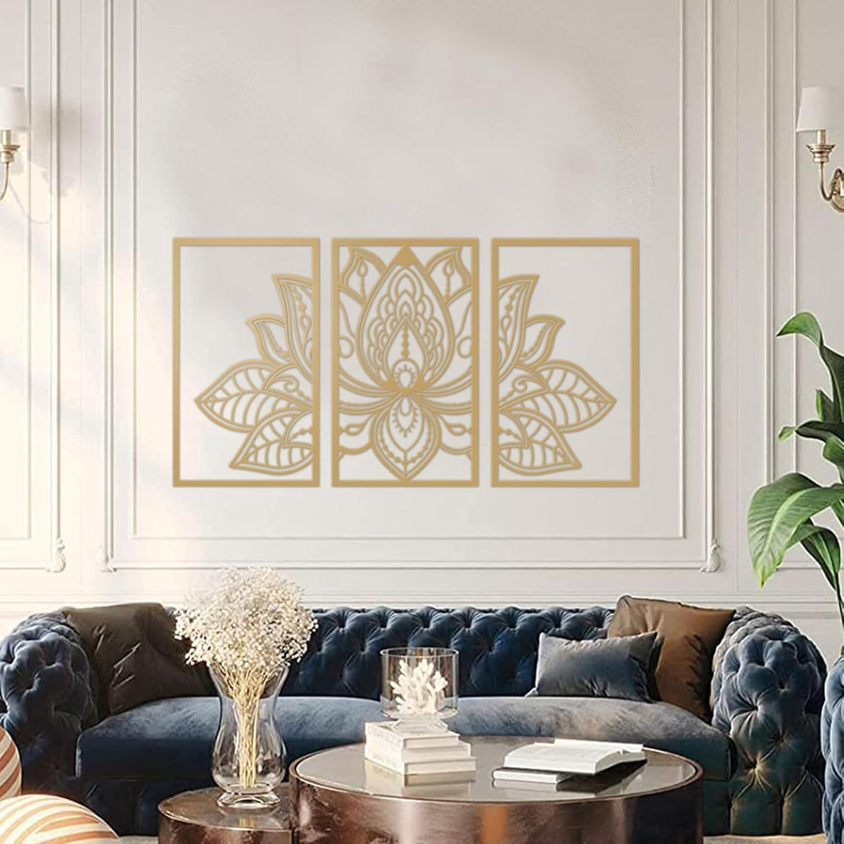 Lotus Blume Metall Wanddeko 3-teilig Wohnzimmer Schlafzimmer Büro Yoga 110cm