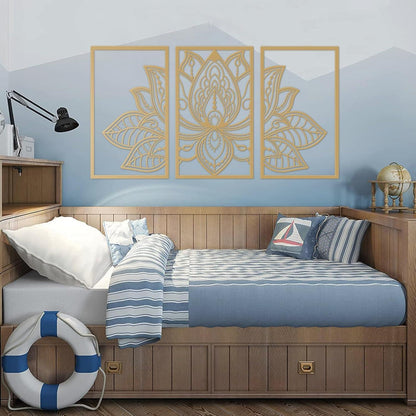 Großes 3-teiliges Lotussymbol Metall-Wanddeko-Set 110cm x 56cm Gold
