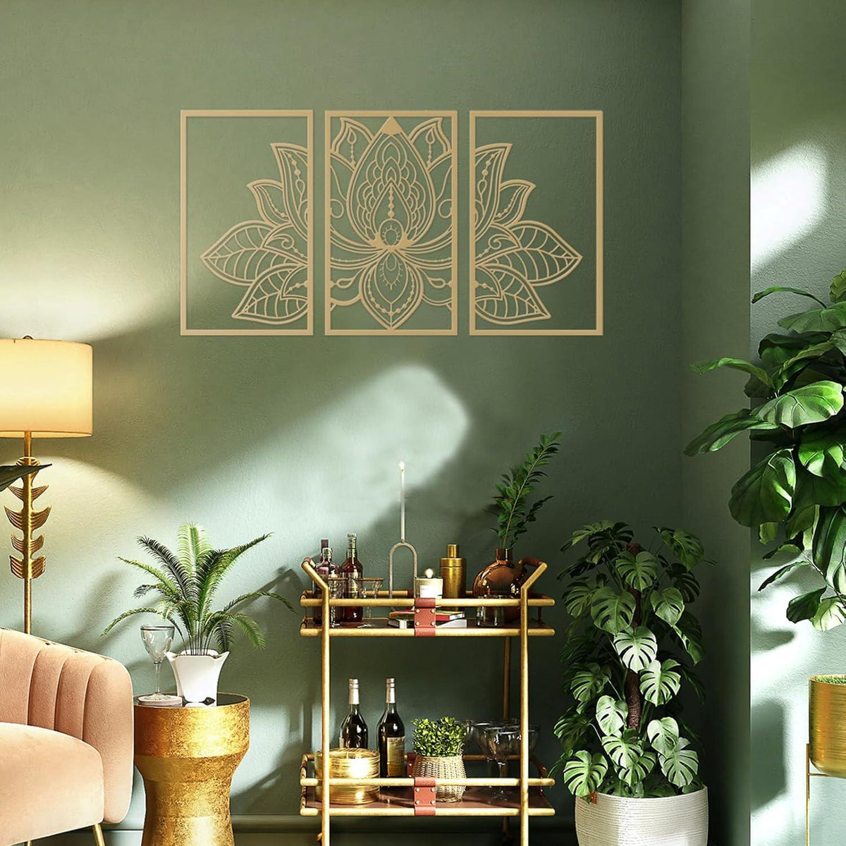 Lotus-Blume Metall Wanddeko Set Religion Glaube Mandala Wohnzimmer Büro Yoga Gold