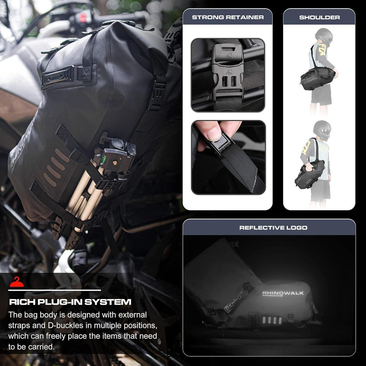 Motorrad Satteltasche 28L Wasserdicht mit Schultergurt Schwarz