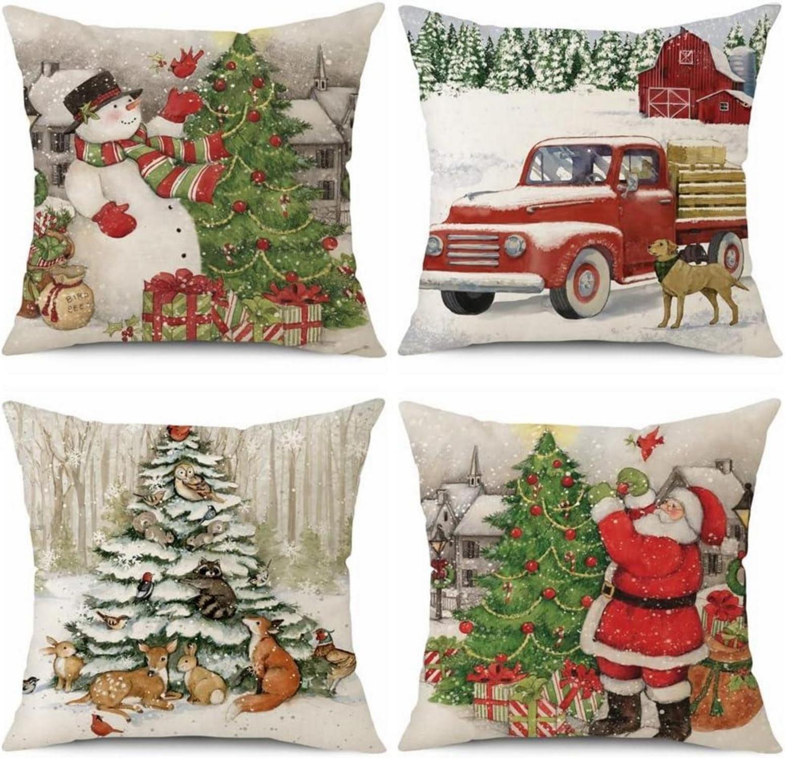4er Set Weihnachten Kissenbezüge Leinen Deko Schneemann