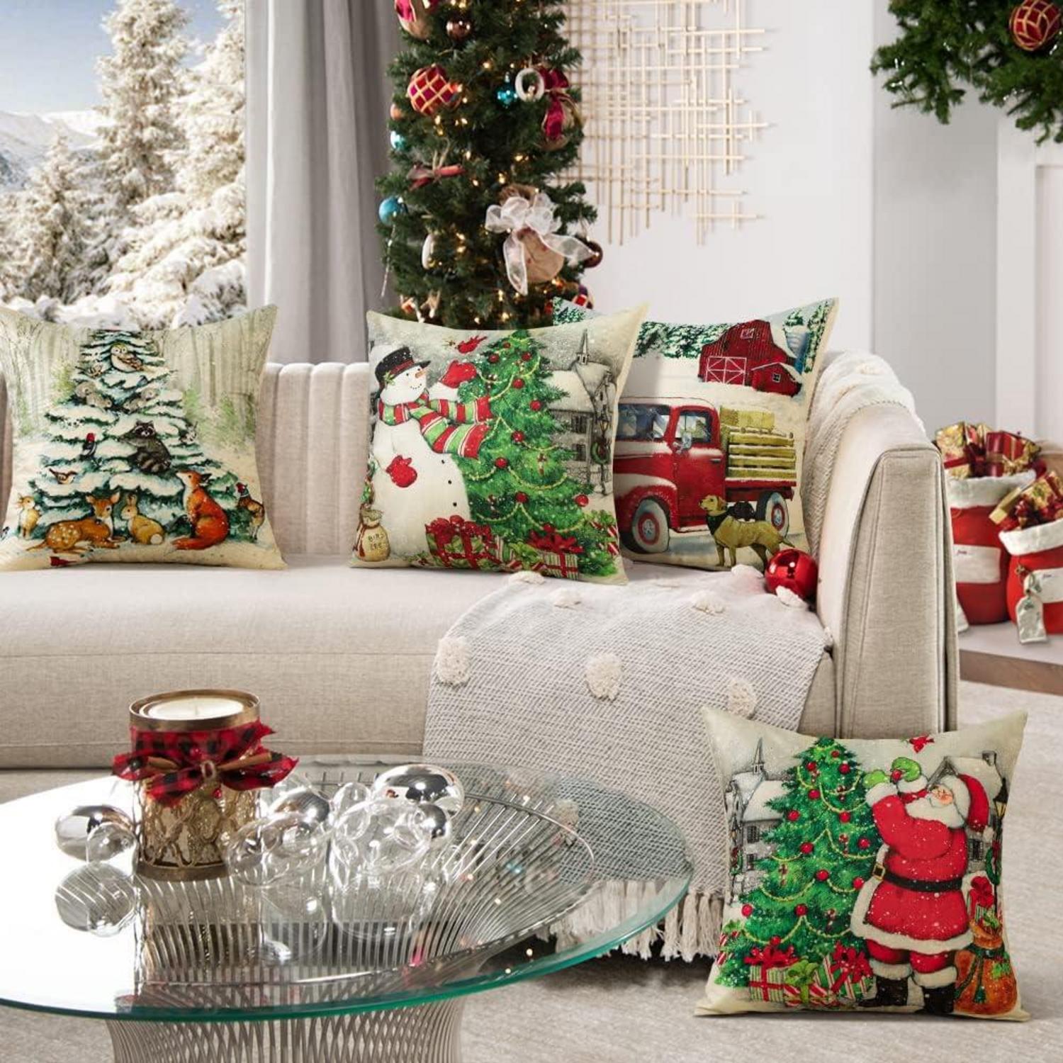 4er Set Weihnachten Kissenbezüge Leinen Deko Schneemann