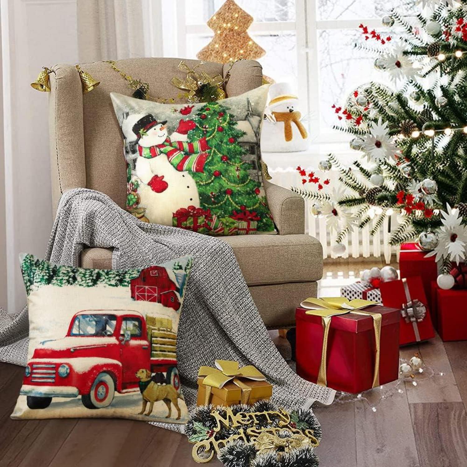 Sungeek 4er Set Weihnachts Kissenbezüge 45x45 cm Leinen Deko Sofa Couch Schlafzimmer