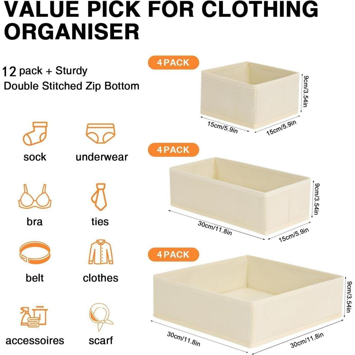 Schubladen Organizer Set 12tlg. Beige, faltbar, Stoff, Kleiderschrank Aufbewahrung