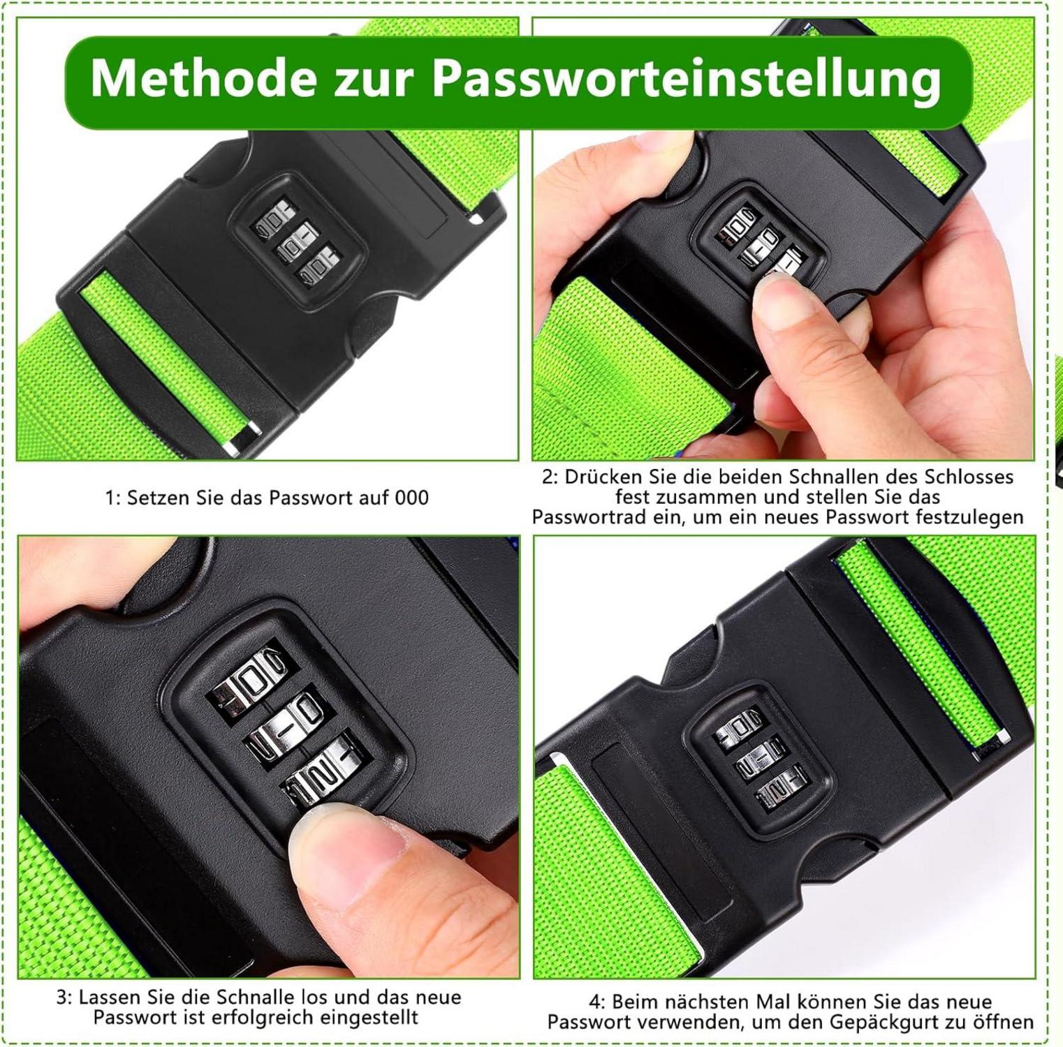 2er Set Koffergurt Gepäckband Verstellbar Zahlenschloss 200cm Grün