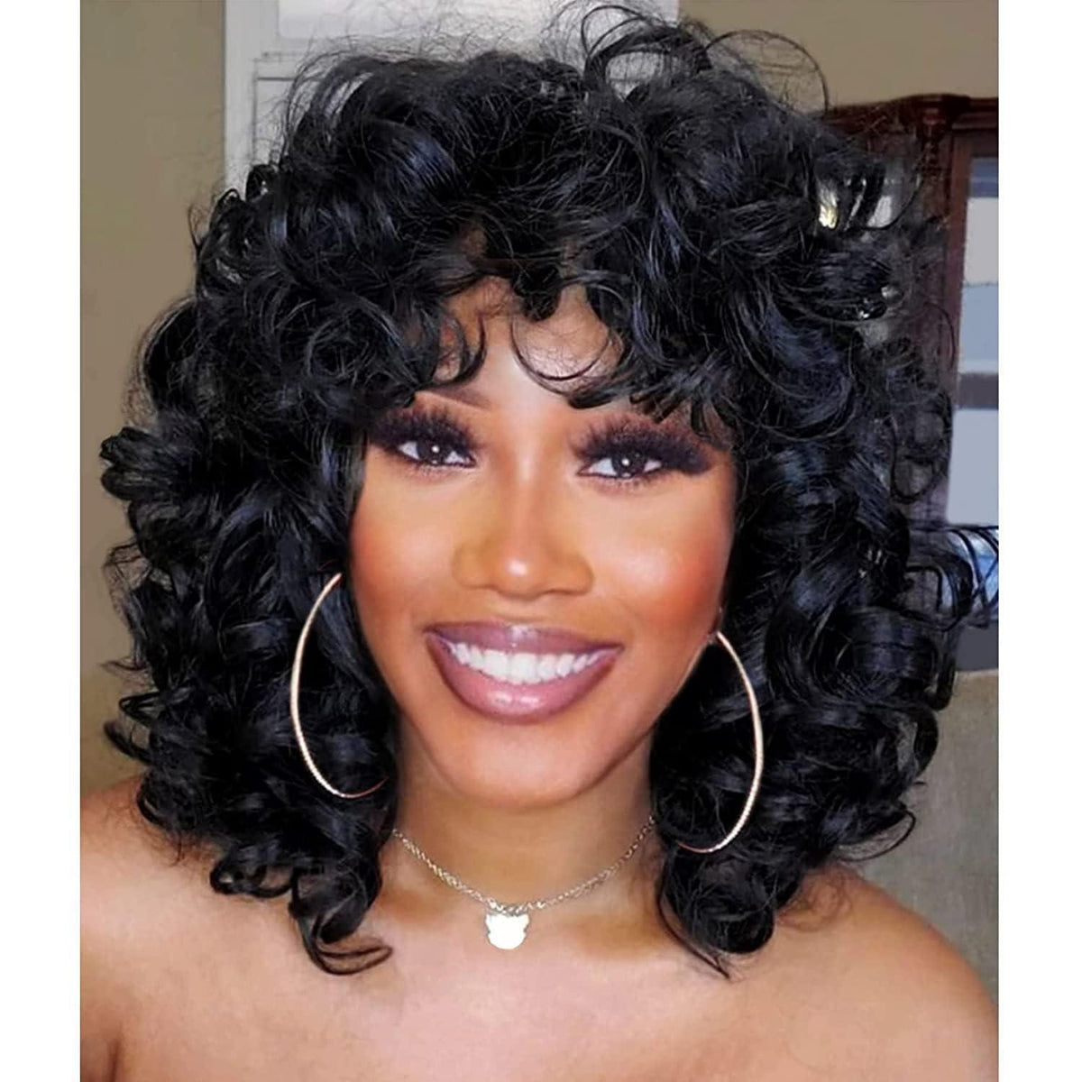 Afro Lockenperücke Damen Synthetisch Kurz mit Pony Schwarz