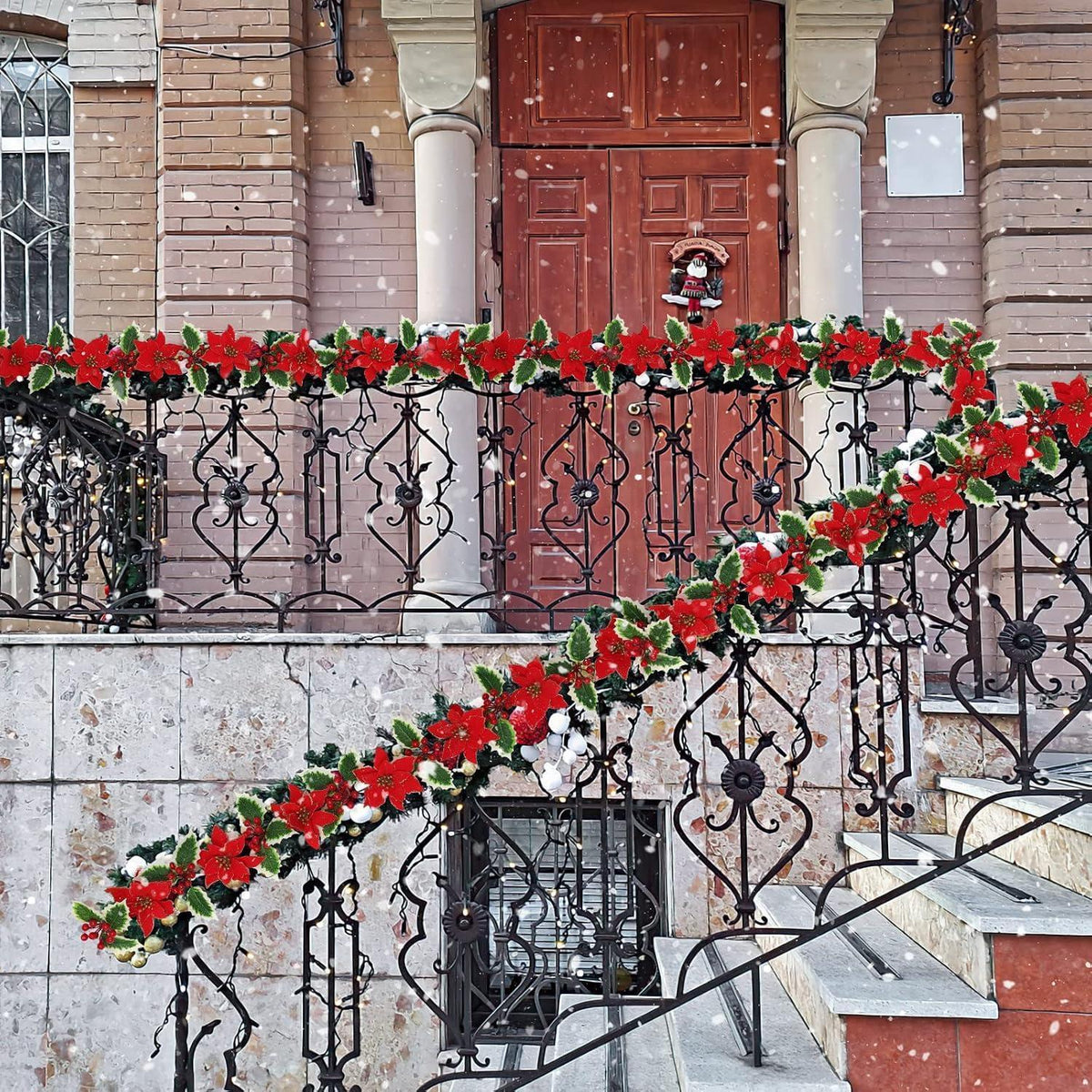 250cm Rote Blumen Girlande Weihnachten mit Beeren & Blättern