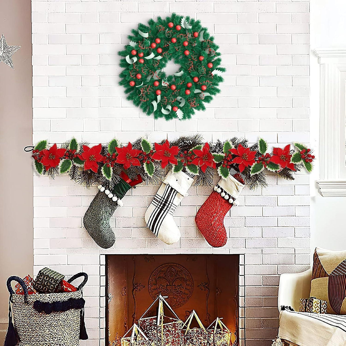 250cm Rote Blumen Girlande Weihnachten mit Beeren & Blättern