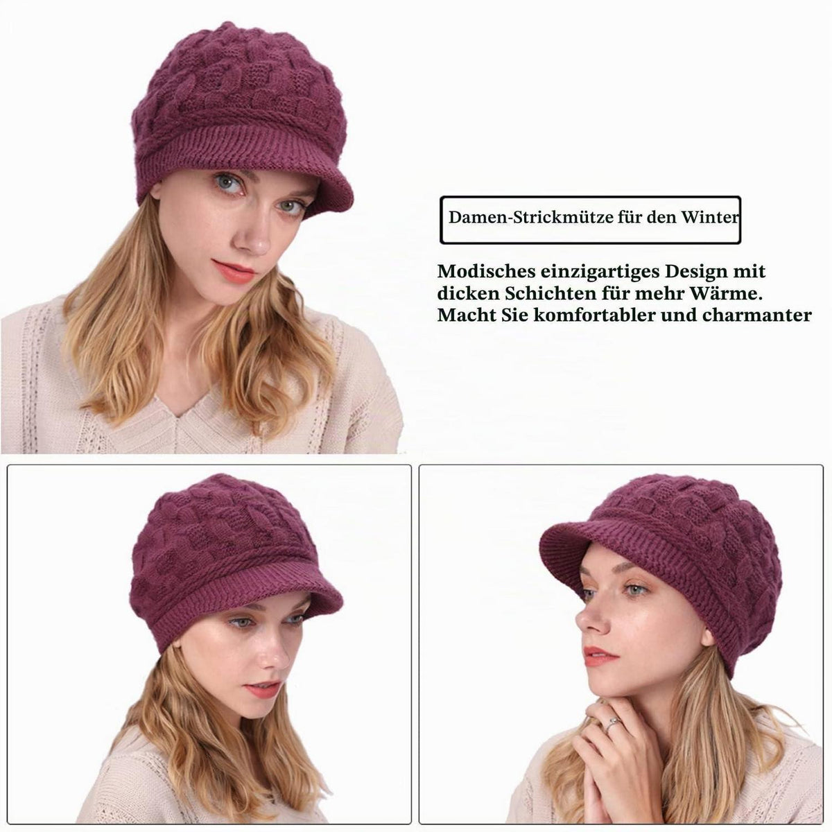 Damen Wollmütze mit Schirm, warme Strickmütze mit Fleece-Futter, violett