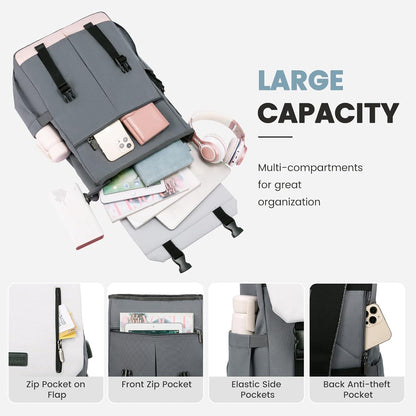 LOVEVOOK Rucksack Damen Elegant 15.6 Zoll Laptop Wasserdicht Schultasche Mädchen Uni Reise Business Grau Weiß Rosa