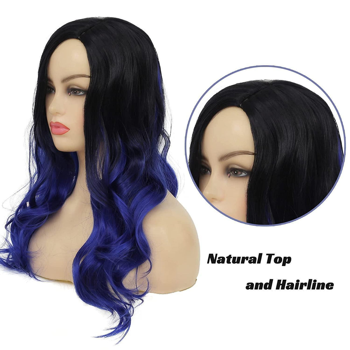 Ombré Blaue Lange Gewellte Synthetik-Perücke für Damen