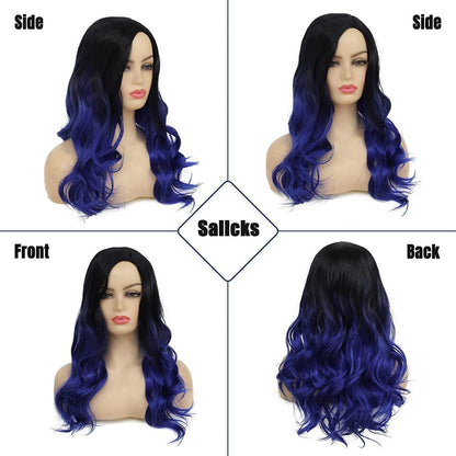 Ombré Blaue Lange Gewellte Synthetik-Perücke für Damen