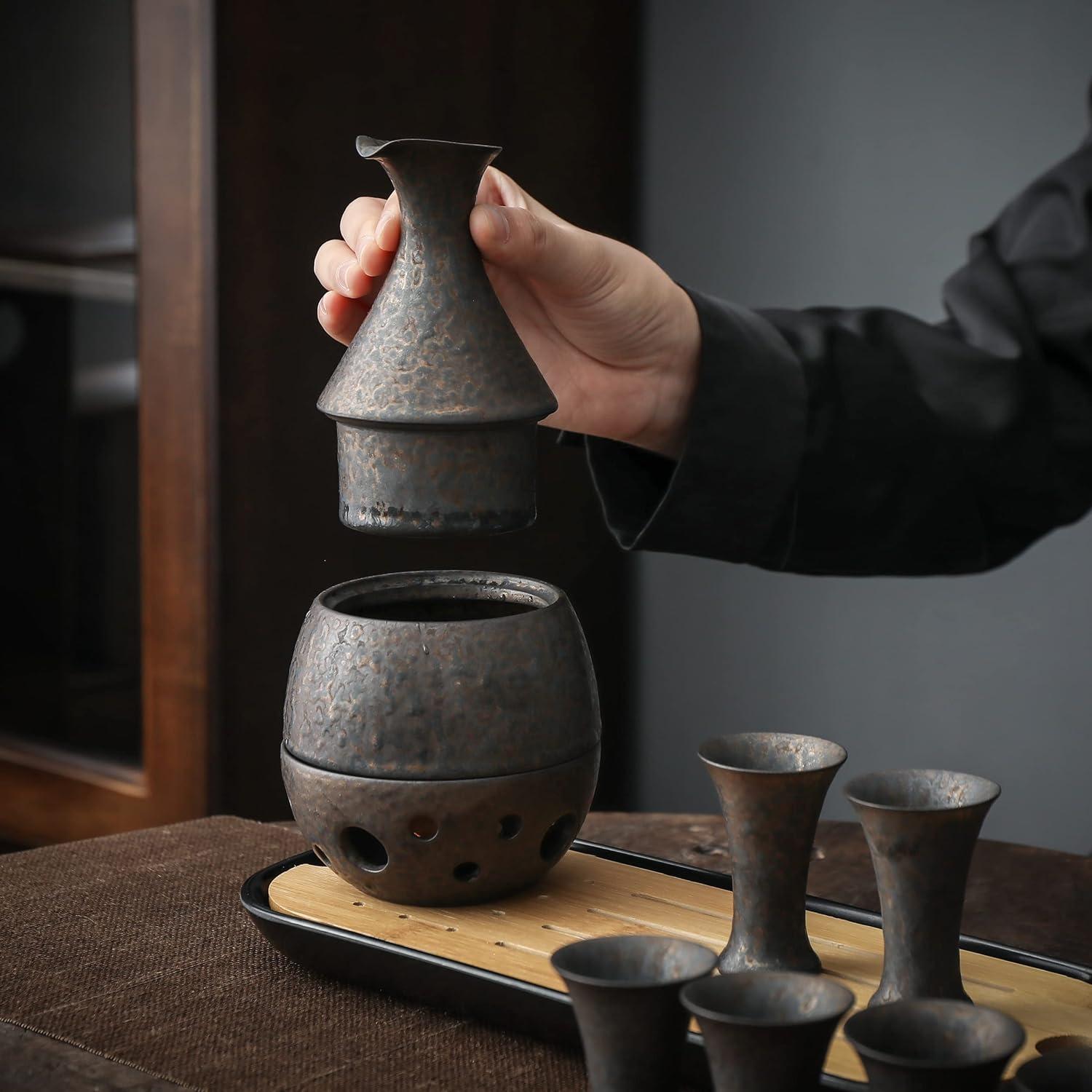 TEANAGOO Sake Karaffe und Becher Set, 10-teilig, Bambus Tablett, Geschenkset