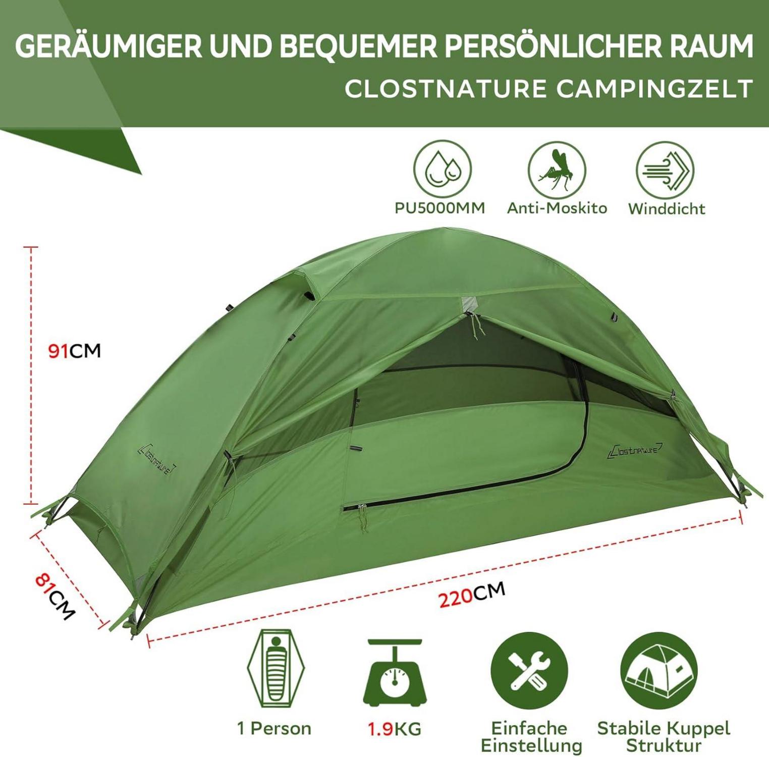 Clostnature 1-Personen Zelt Camping Wasserdicht Ultraleicht