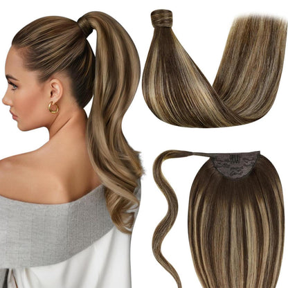Echthaar Pferdeschwanz Extension Ombre Braun Blond 50cm