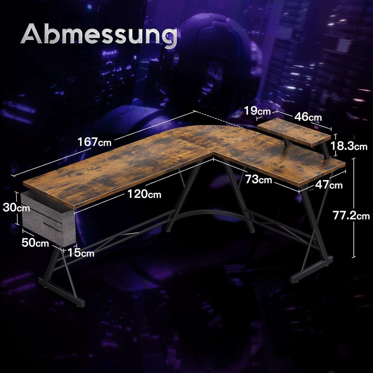 ODK Gaming Schreibtisch Eckschreibtisch L-Form Monitorständer Vintage Braun