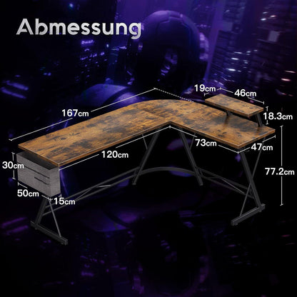ODK Gaming Schreibtisch Eckschreibtisch L-Form Monitorständer Vintage Braun
