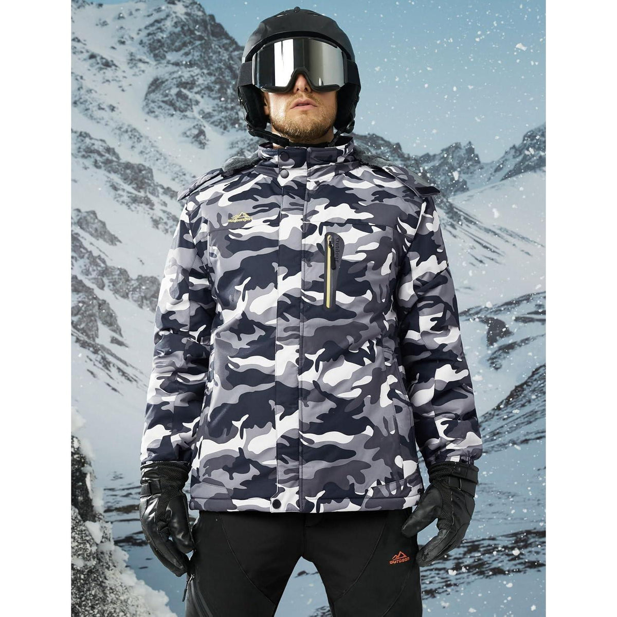Herren Fleecejacke Winter Warm Gefüttert Skijacke Outdoor Schwarz-Camo