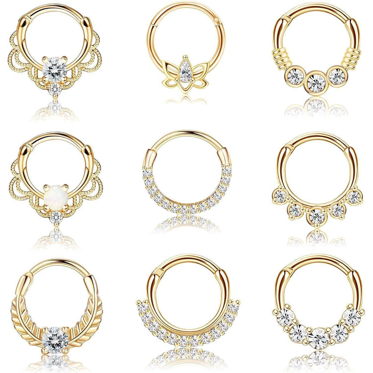 Septum Piercing Set 9 Stück Chirurgenstahl Zirkonia 16G 10mm Gold