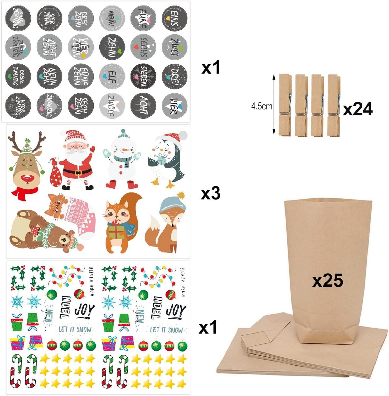 Adventskalender zum Befüllen Braun Bodenbeutel Aufkleber 24 XXL Papierbeutel