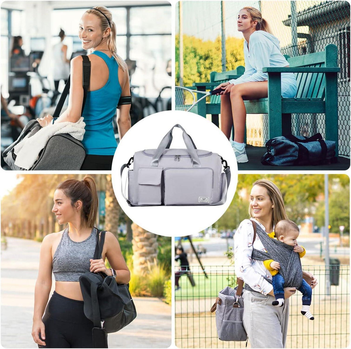 Damen Sporttasche 35L faltbar mit Schuhfach und Nassfach Grey
