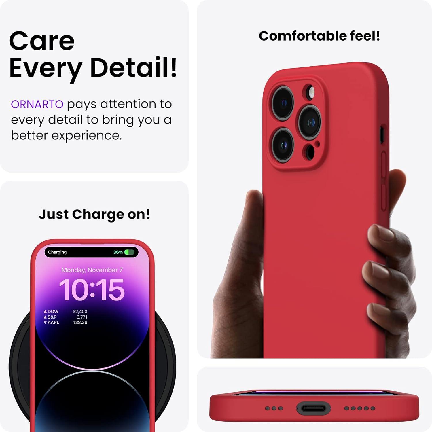 ORNARTO iPhone 14 Pro Hülle 6,1 Zoll 2022 - Flüssiges Silikon, 2x Schutzfolien, Stoßfest, Rot