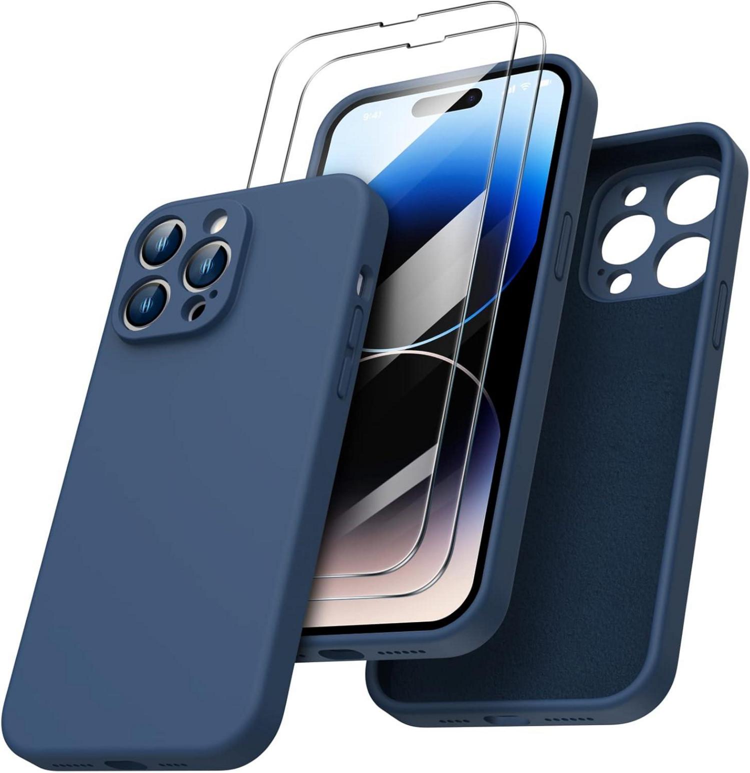 iPhone 14 Pro Max Hülle mit 2x Schutzfolien dunkelblau Silikon Gel