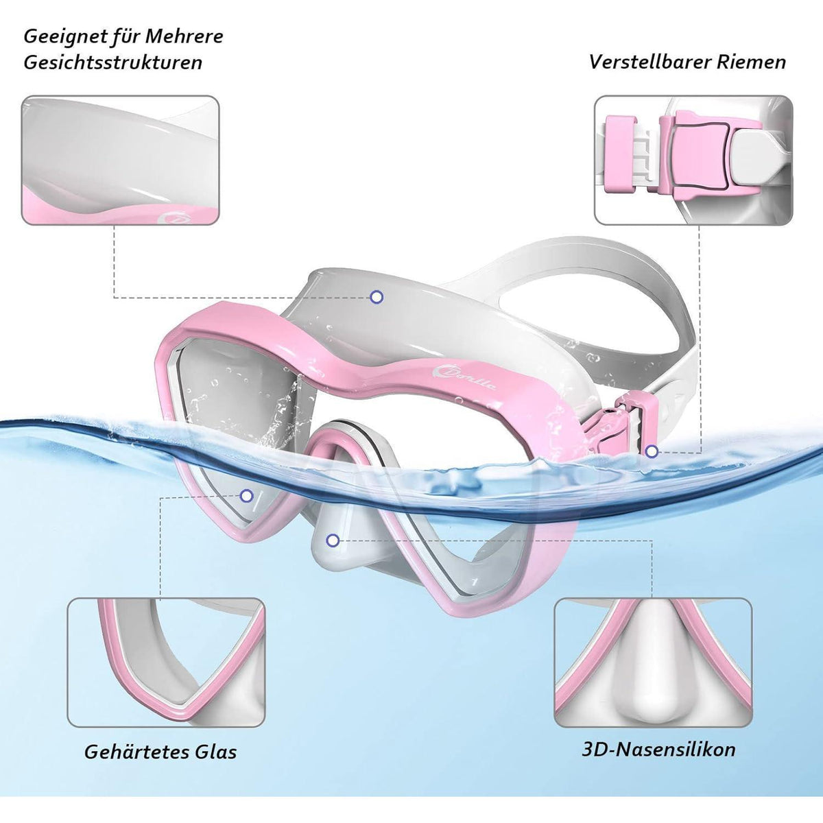 Panorama Schnorchelset für Erwachsene, Anti-Beschlag & Wasserdicht, Rosa