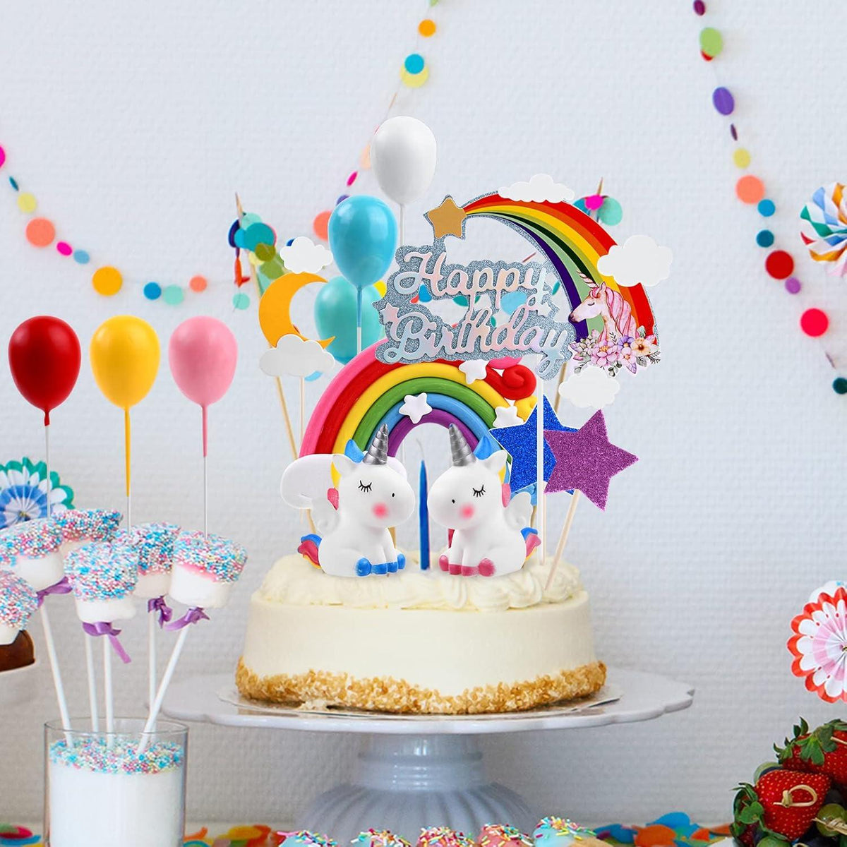 Einhorn Tortendeko Set Regenbogen Wolke Luftballon für Kinder Geburtstag