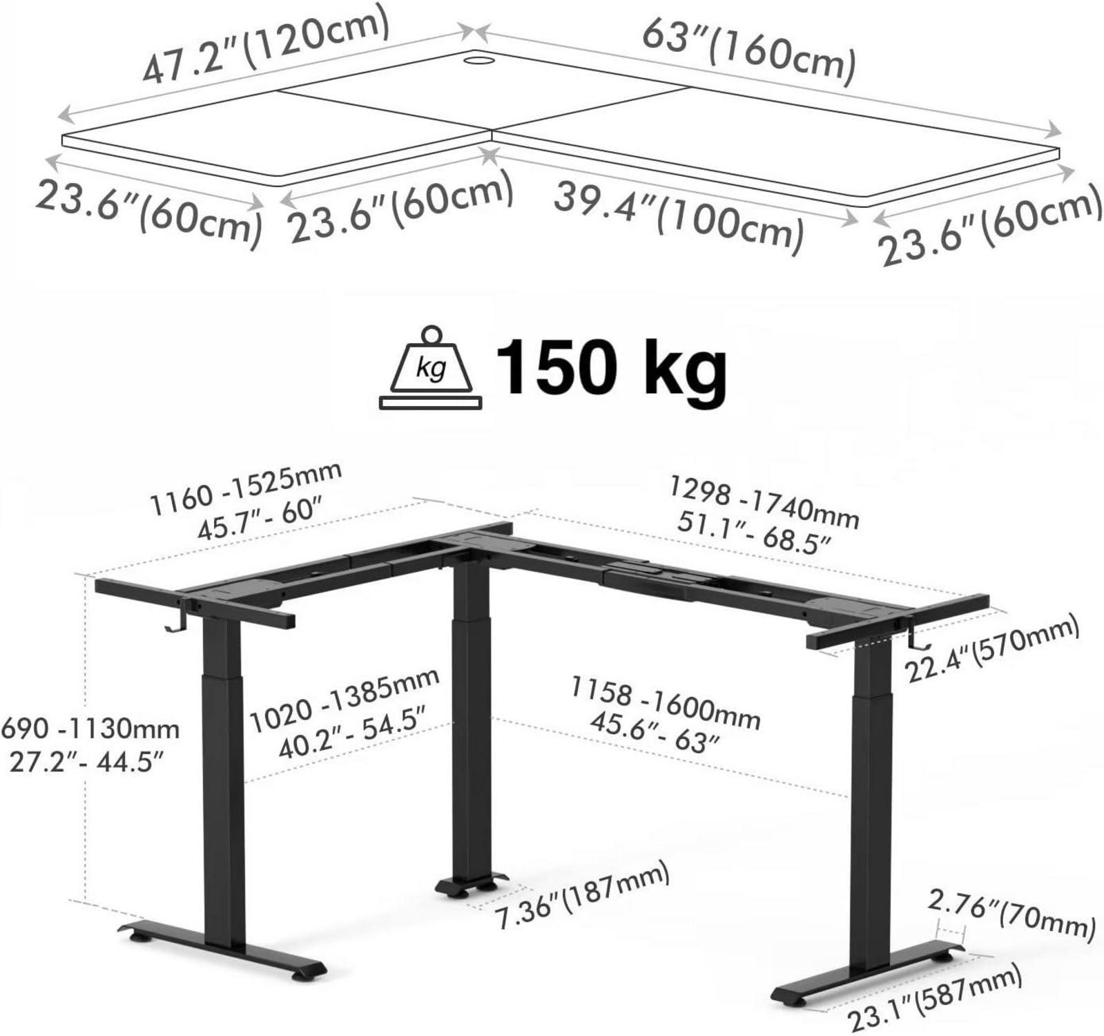 Elektrischer L-förmiger Schreibtisch Höhenverstellbar Weiß 160x120cm