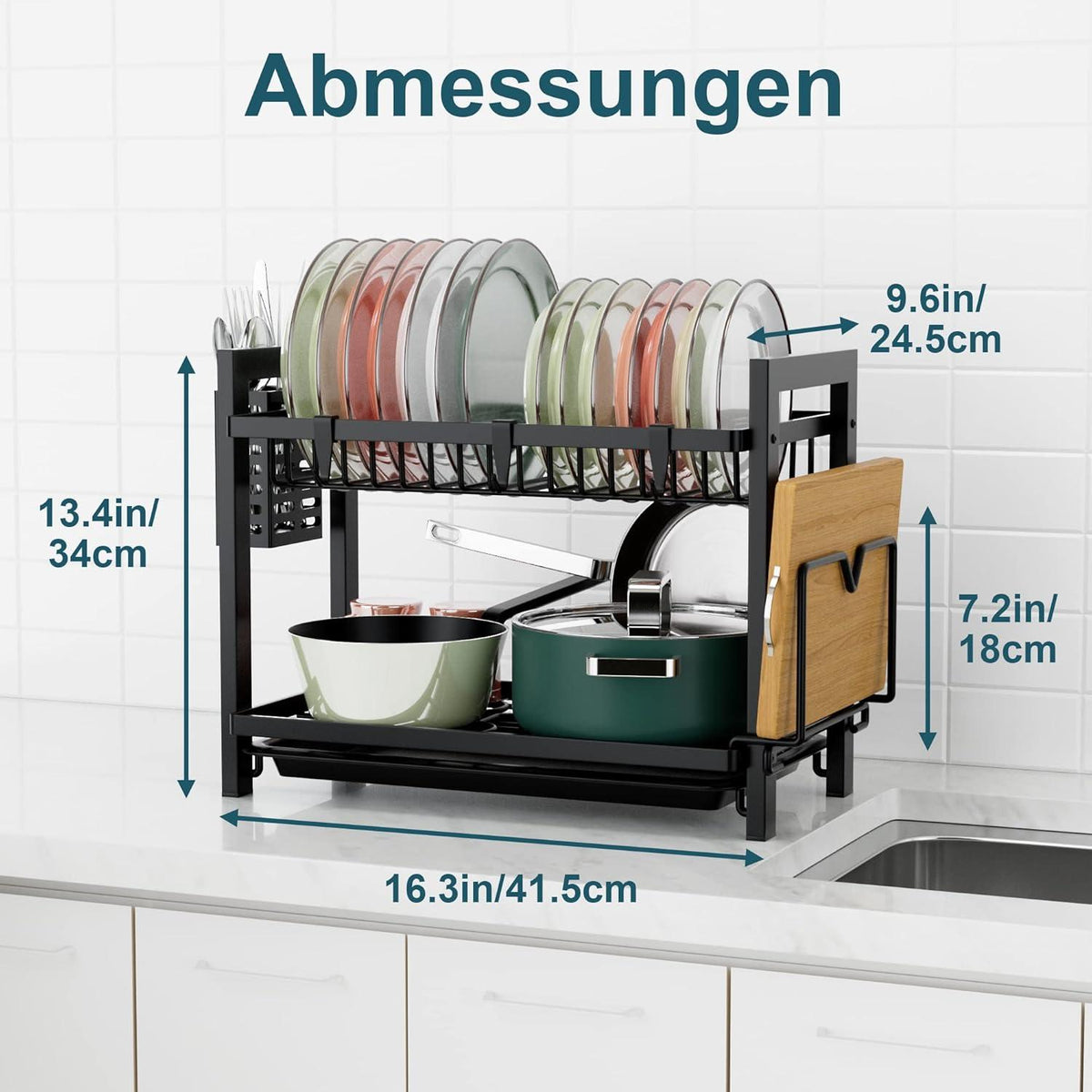 Schwarzes 2-stufiges Geschirr Abtropfgestell Edelstahl Utensilienhalter 34.5cm