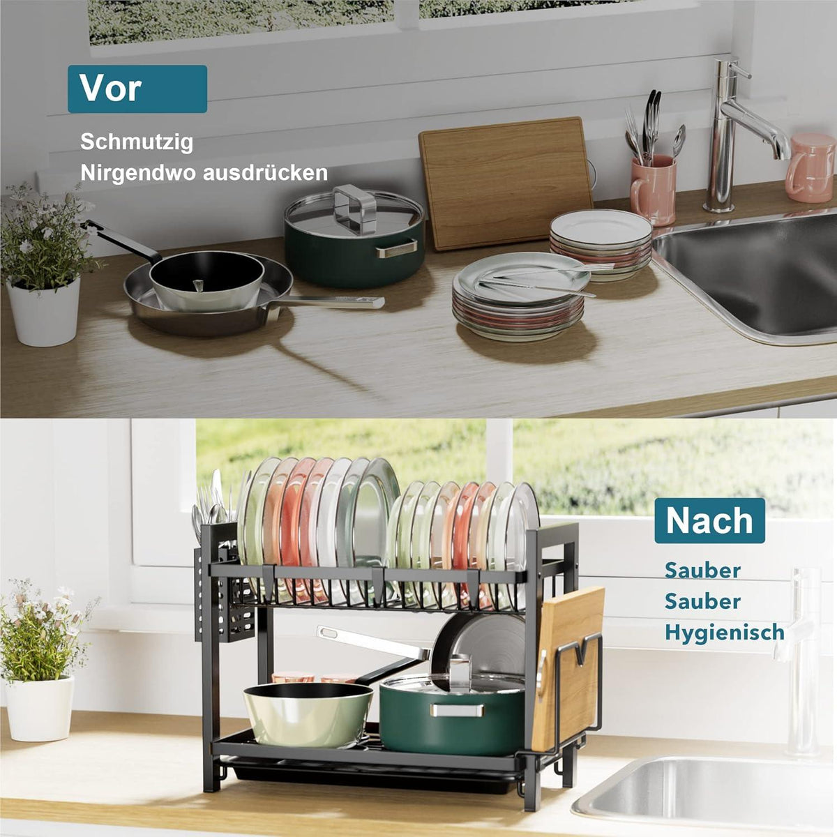 2-stufiges Geschirr Abtropfgestell Schwarz Edelstahl Utensilienhalter 2-tier