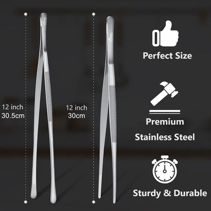 Hotec Grillzange Edelstahl Lang 30cm Küche Kochpinzette 2er