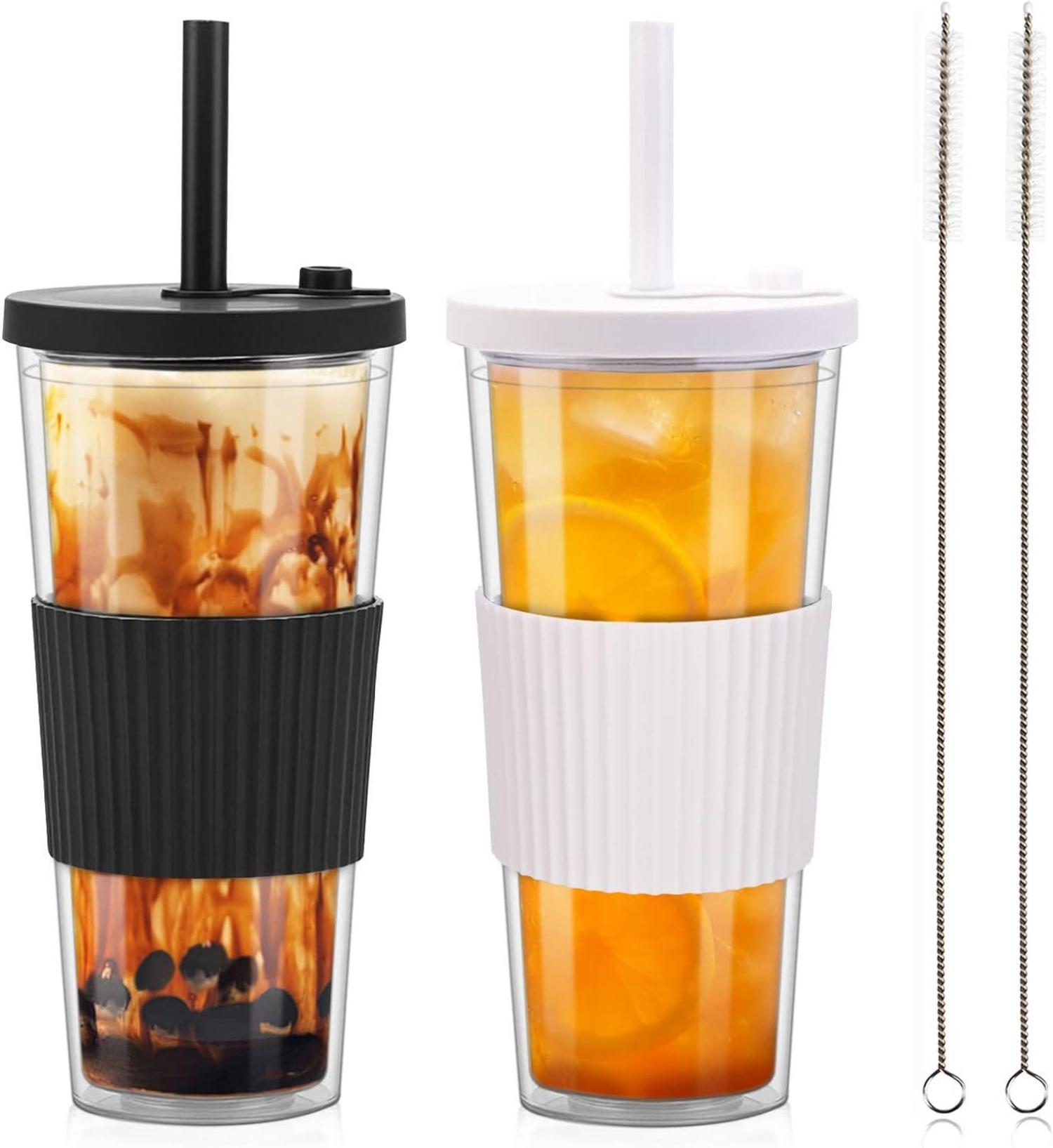 Bubble Tea Becher 24oz mit Strohhalm und Deckel, Doppelwandig isoliert