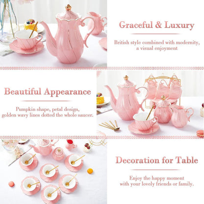 Luxuriöses Teeservice für 6 Personen, Porzellan, Goldrand, Rosa