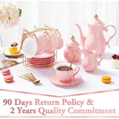 Luxuriöses Teeservice für 6 Personen, Porzellan, Goldrand, Rosa