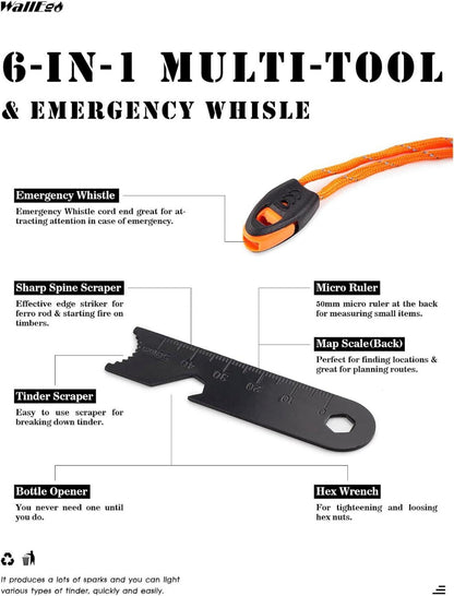 Feuerstahl mit Holzgriff, Outdoor Survival Werkzeug Set, Feuerstein, Magnesium Feueranzünder, Notfall Pfeife