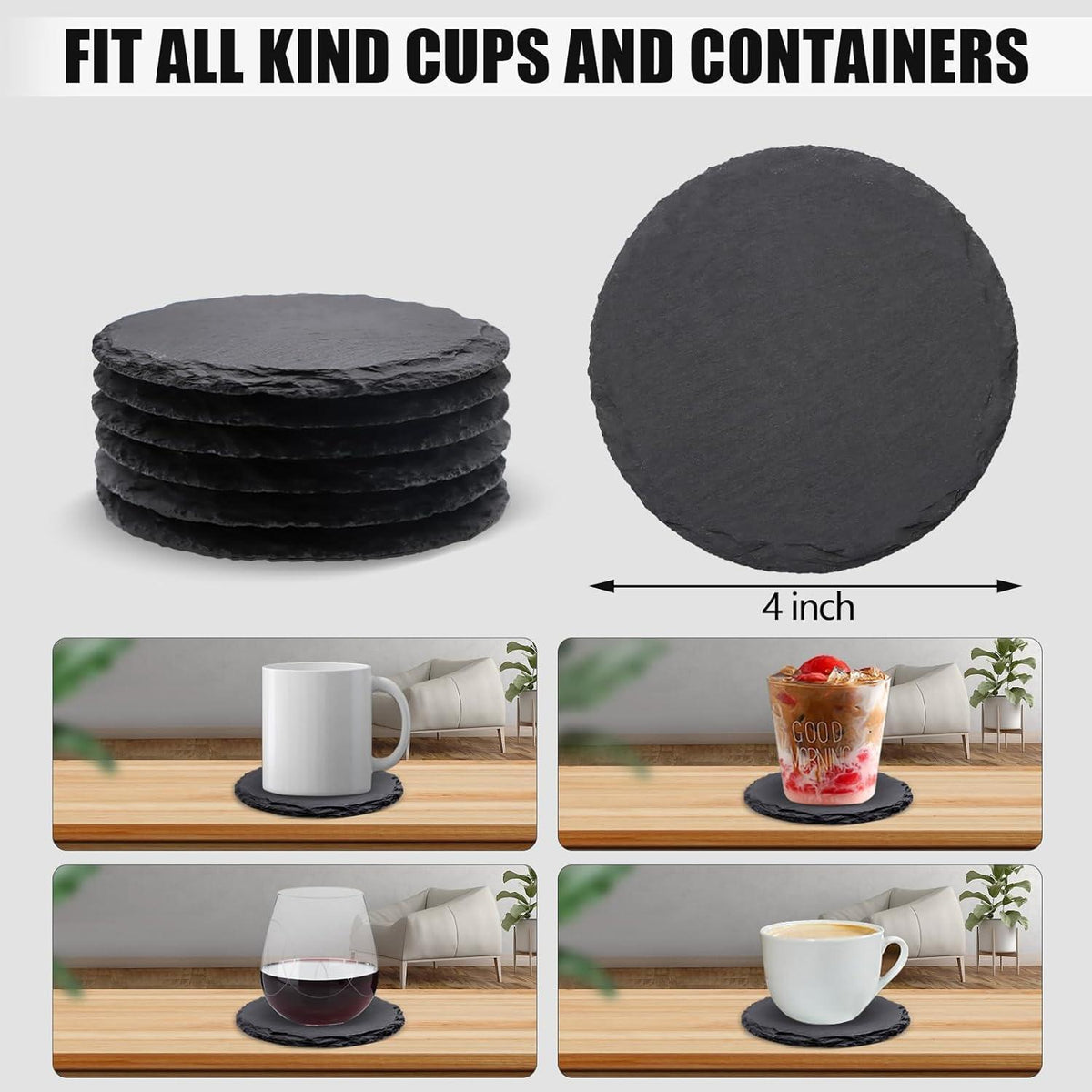 Schiefer Untersetzer 6er Set, 10,2 cm Rund, Schwarz