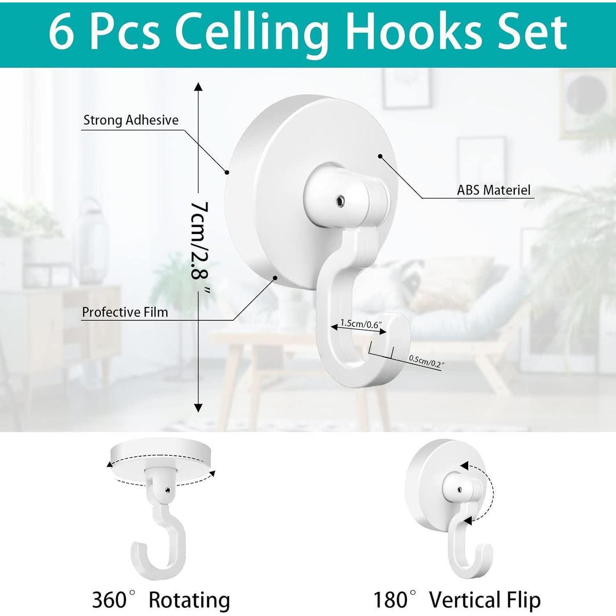 6x Drehbarer Klebehaken ohne Bohren, bis 5kg belastbar
