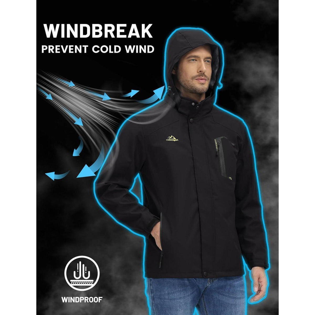 Herren Outdoorjacke leicht wasserabweisend mit Kapuze L Schwarz