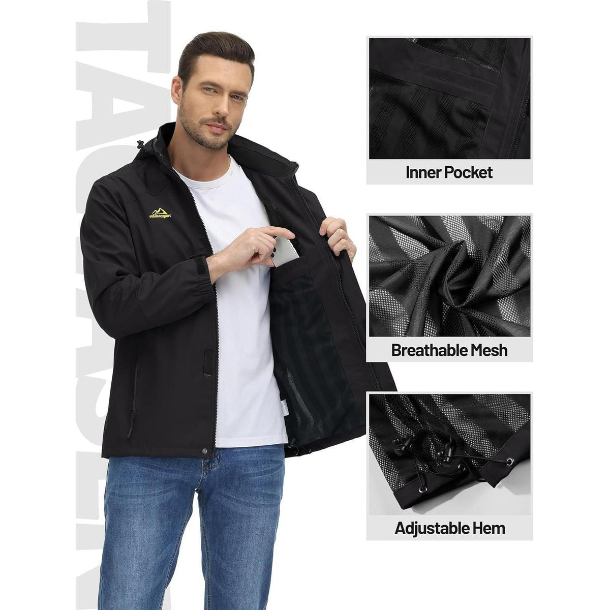 Herren Outdoorjacke leicht wasserabweisend mit Kapuze L Schwarz