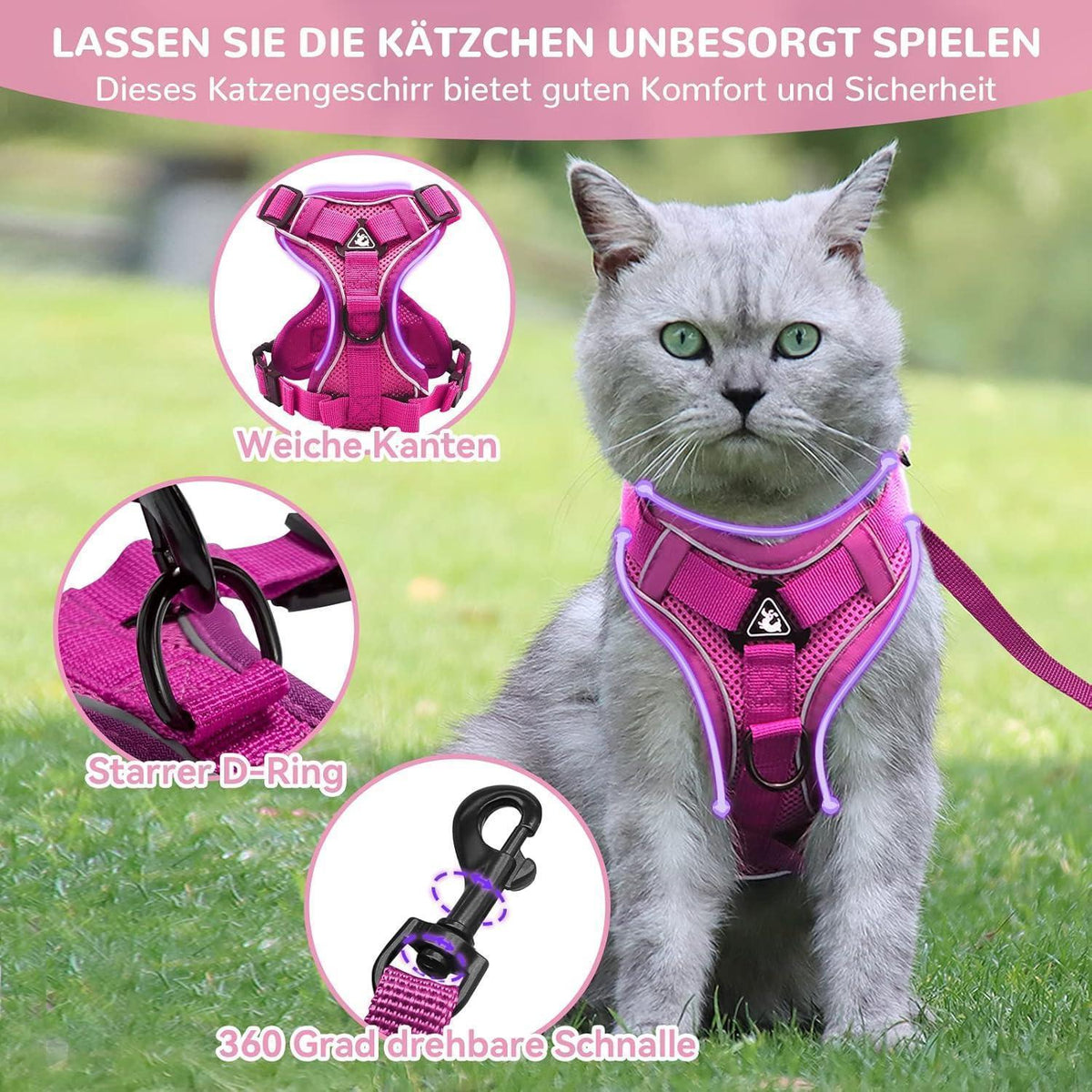 Ausbruchsicheres Katzengeschirr mit Leine, Rosa M