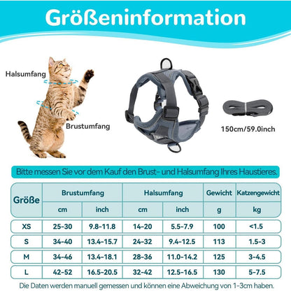 Ausbruchsicheres Katzengeschirr mit Leine, Grau L