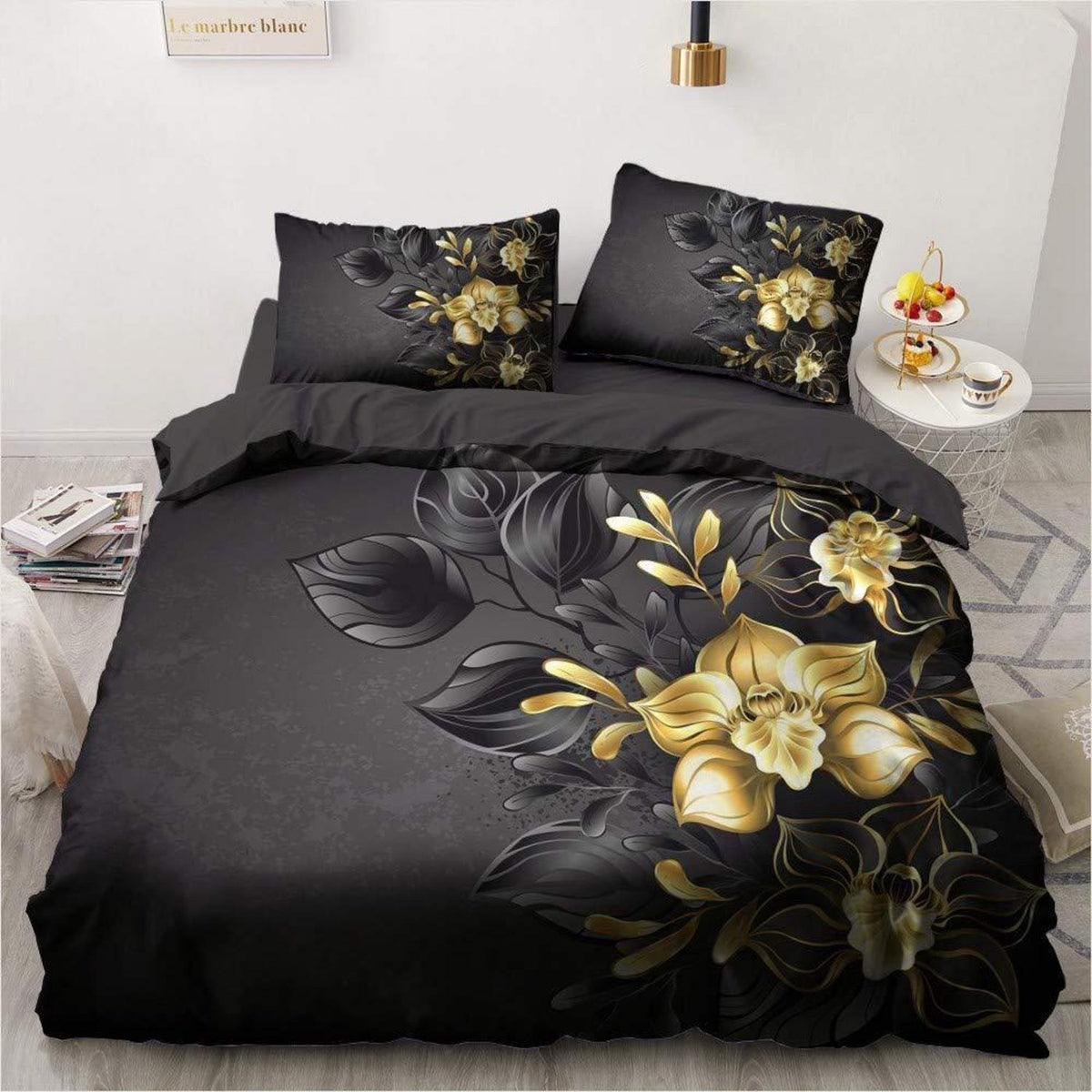 Blumen Bettwäsche Set 135x200 cm Schwarz Gold Romantisch