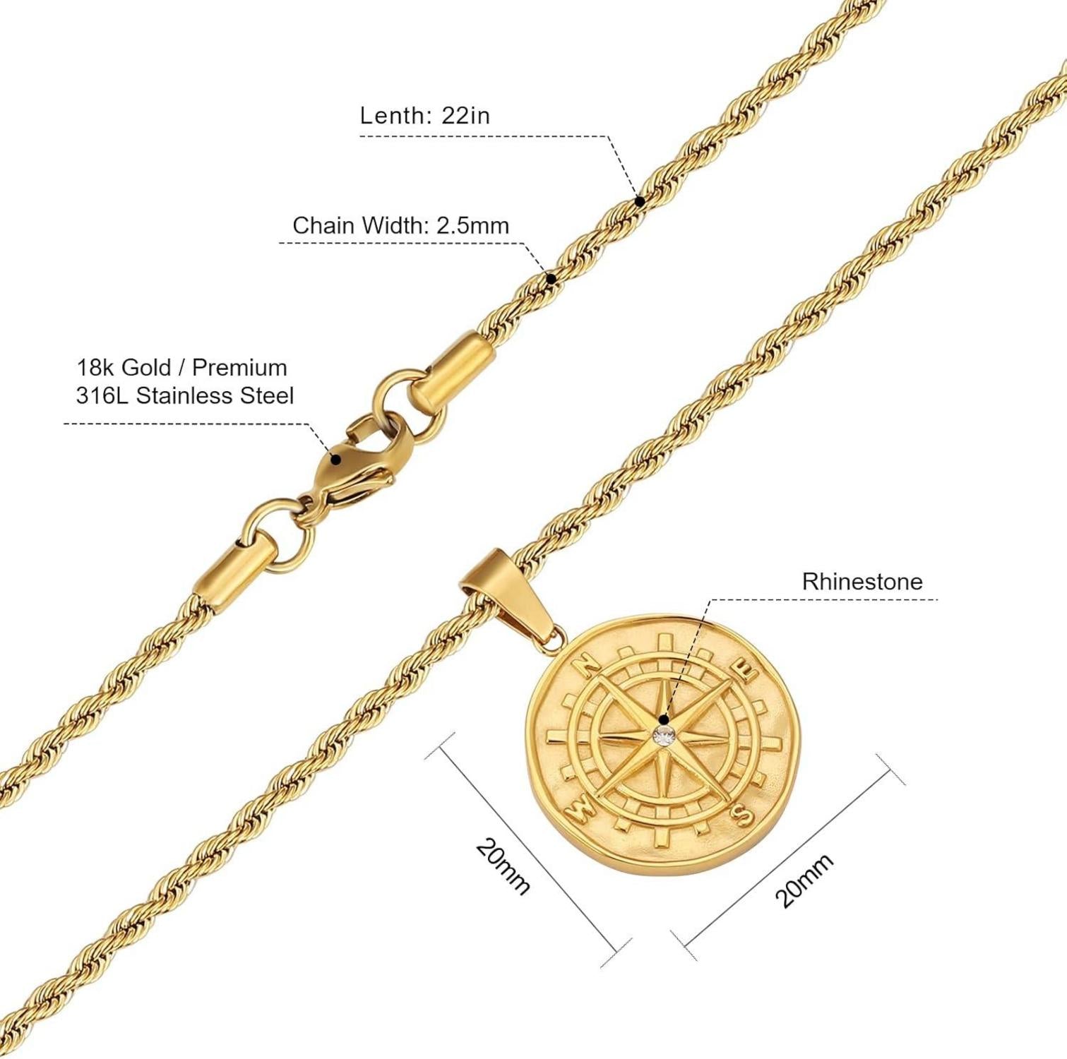 Herren Kompass Goldkette Münze Anhänger 55,9cm Edelstahl Kette