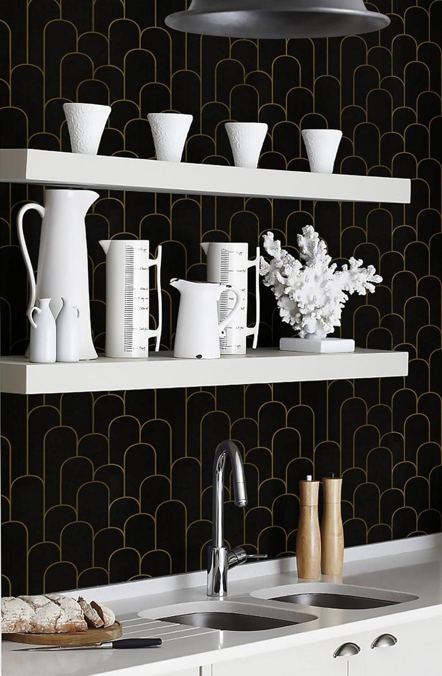 Selbstklebende Tapete Schwarz Gold, 44×600cm, Geometrisches