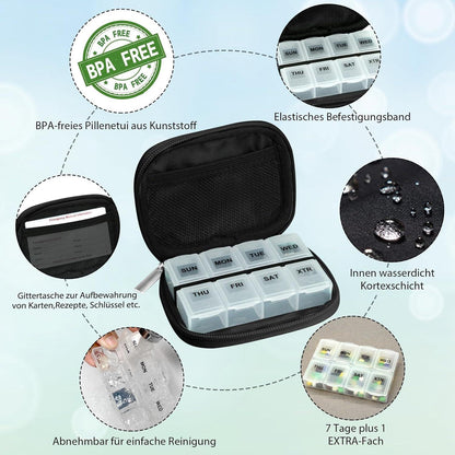 Serfeymi Tablettenbox 7 Tage Braun Neopren Reißverschluss Pillenbox