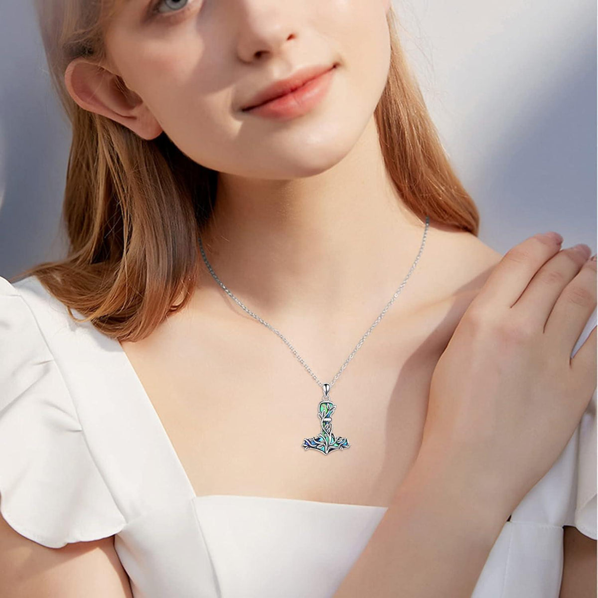 Thor Hammer Halskette Sterling Silber mit Baum des Lebens und Abalone Muschel