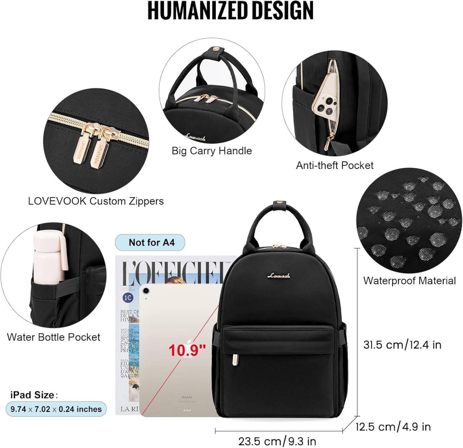 LOVEVOOK Kleiner Rucksack Damen - Tagesrucksack Mini Backpack Wasserdicht 11 zoll Schwarz
