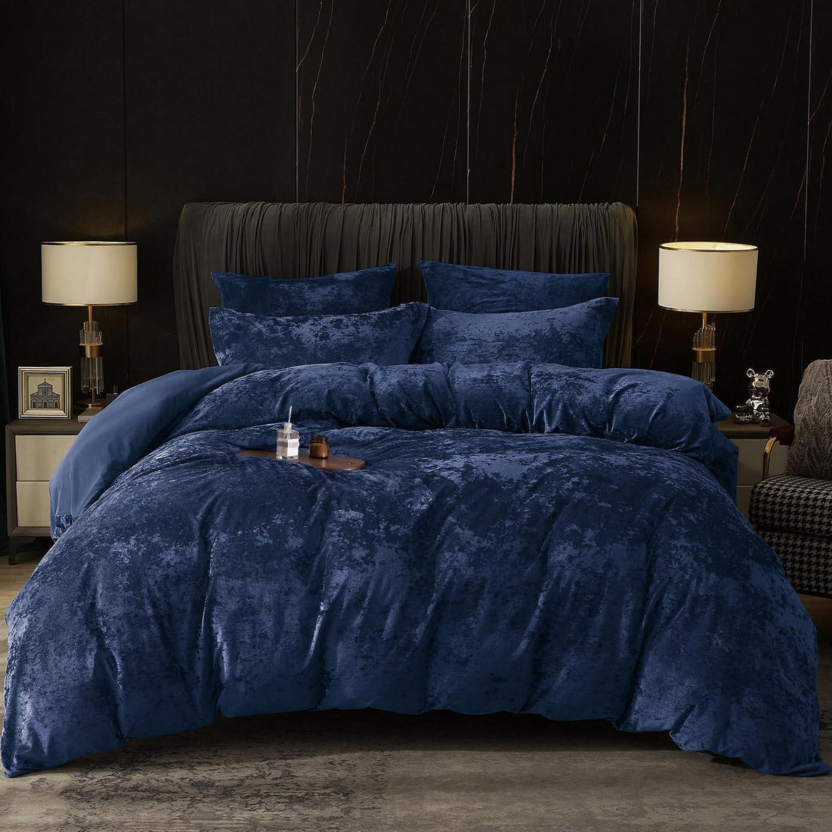 Samt Bettwäsche Set 200x200 Marine Blau mit Kissenbezügen